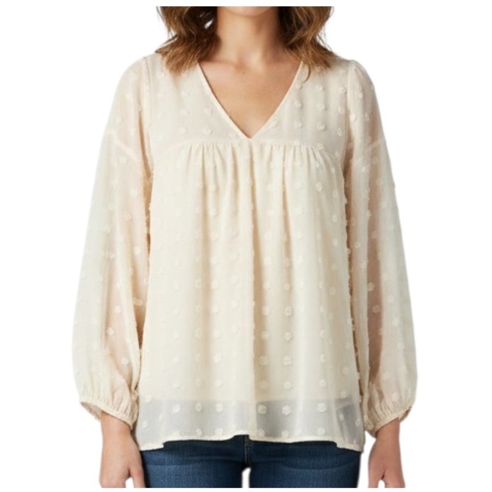AND THE WHY Ivory CHIFFON V-Neck SWISS DOTS Sheer Neckline/Sleeves BLOUSE/TOP M